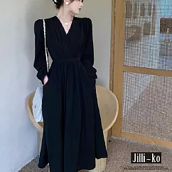 【Jilli~ko】法式復古赫本風V領收腰顯瘦連衣裙 J11078 FREE 黑色