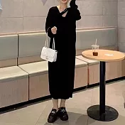 【MsMore】 連身裙時尚慵懶網長袖針織氣質顯白寬鬆長版洋裝# 119465 FREE 黑色