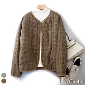 【ACheter】 復古文藝國潮格子寬鬆休閒顯瘦V領棒球服夾棉短外套# 119592 L 咖色