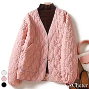 【ACheter】 設計感菱形空間V領長袖輕薄好穿搭棉服外套短版# 119597 L 粉紅色