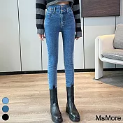 【MsMore】 高腰牛仔褲復古藍緊身顯瘦修身小腳小個子彈力鉛筆長褲# 119711 XL 牛仔藍色