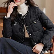 【MsMore】 小香風簡約長袖短款圓領棉服時尚百搭舒適顯瘦外套# 119841 M 黑色