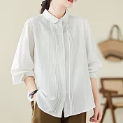 【ACheter】 日系純色棉麻感燈籠長袖襯衫寬鬆百搭復古法式后領系帶短版上衣# 119892 L 白色