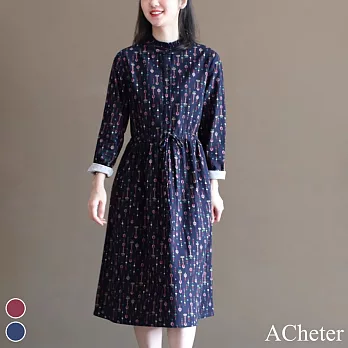 【ACheter】 森系印花立領寬鬆長袖長版收腰棉麻感連身裙洋裝# 119912 M 藍色