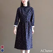 【ACheter】 森系印花立領寬鬆長袖長版收腰棉麻感連身裙洋裝# 119912 XL 藍色