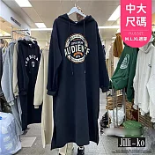 【Jilli~ko】美式印花慵懶風寬鬆顯瘦開衩連帽衛衣裙中大尺碼 J11201  FREE 黑色