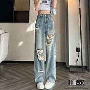 【Jilli~ko】可調扣破洞高腰休閒垂感直筒拖地牛仔褲 M-XXL J11032 M 淺藍色