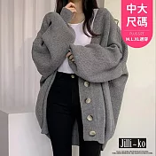 【Jilli~ko】慵懶風V領單排扣寬鬆燈籠袖針織毛衣外套中大尺碼 J11012  FREE 灰色