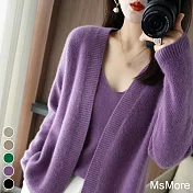 【MsMore】 羊絨感短款針織毛衣外套純色長袖➕V領吊帶兩件式上衣套裝# 119918 FREE 紫色