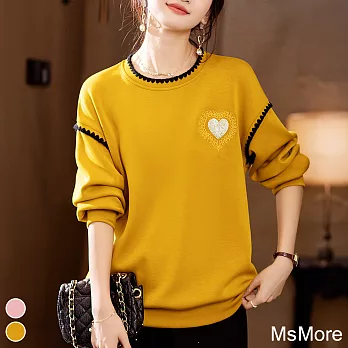 【MsMore】 圓領時尚氣質長袖減齡大碼寬鬆短版上衣# 119946 4XL 黃色
