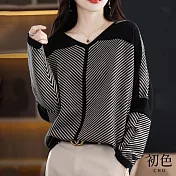 【初色】V領拚色條紋針織寬鬆毛衣上衣-共2色-65379(F可選) F 黑色