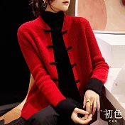 【初色】復古立領單排扣保暖里肌感寬鬆長袖針織衫外套-共2色-31289(F可選) F 紅色