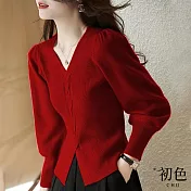 【初色】麻花紋V領泡泡束口袖針織衫上衣-共5色-66628(F可選) F 紅色