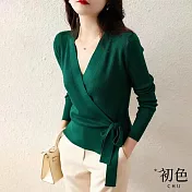 【初色】V領系帶收腰顯瘦修身長袖針織衫上衣-共5色-31288(F可選) F 綠色