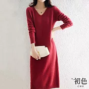 【初色】V領寬鬆顯瘦柔軟長袖針織連身裙洋裝-共5色-31270(F可選) F 紅色