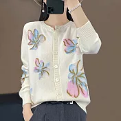 【初色】寬鬆圓領單排釦花朵印花毛衣開衫針織外套-共2色-31259(F可選) F 白色