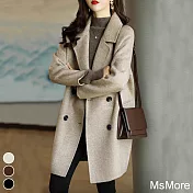 【MsMore】 雙排釦毛呢外套韓版氣質西裝領加厚中長款大衣保暖外套# 119938 2XL 卡其色