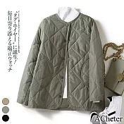 【ACheter】 復古夾棉菱格輕薄羽絨棉服長袖圓領短外套# 119595 L 綠色