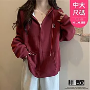 【Jilli~ko】字母造型抽繩連帽寬鬆拉鍊衛衣外套中大尺碼 J11196  FREE 深紅色
