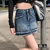 【Jilli~ko】高腰A字型半身合身毛邊牛仔包臀短裙 M-XL J11171 M 藍色