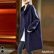 【MsMore】 素木空氣層連帽外套夾棉長袖保暖中長款大碼大衣外套# 119993 M 藏青色