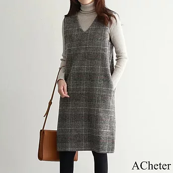 【ACheter】 千鳥格子灰色毛呢背心裙大碼V領中長款背心無袖連身裙洋裝# 120041 XL 條紋色