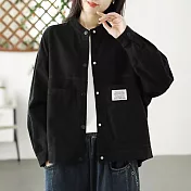 【ACheter】 高密織斜紋大碼文藝工裝圓領外套復古色長袖短版# 120055 M 黑色