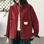 【ACheter】 高密織斜紋大碼文藝工裝圓領外套復古色長袖短版# 120055 M 紅色