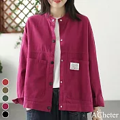 【ACheter】 高密織斜紋大碼文藝工裝圓領外套復古色長袖短版# 120055 M 玫紅色