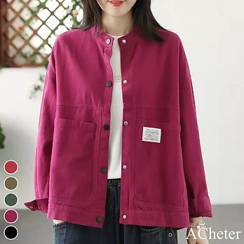 【ACheter】 高密織斜紋大碼文藝工裝圓領外套復古色長袖短版# 120055 M 玫紅色