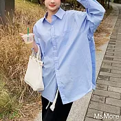 【MsMore】 寬鬆韓版百搭長袖大版藍色襯衫中長上衣# 120060 M 藍色