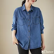 【ACheter】 復古牛仔襯衫長袖上衣疊穿休閒寬鬆短版外套# 120064 L 藍色