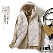 【Jilli~ko】氣質菱格寬鬆無袖輕薄保暖連帽羽絨棉服 J11253  FREE 白色