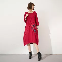 【慢。生活】文藝風刺繡圓弧拼接寬版棉質連衣裙 M─XL L 深紅