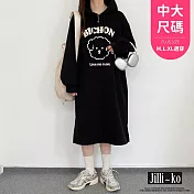 【Jilli~ko】慵懶風長袖休閒連帽連衣裙女學生貴賓狗印花中大尺碼 J11197  FREE 黑色