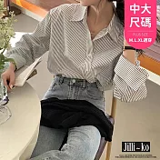 【Jilli~ko】不規則條紋襯衫女設計感寬鬆長袖上衣中大尺碼 J11255  FREE 黑色