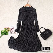 【Jilli~ko】格子連衣裙女寬鬆荷葉邊打結領口 J11212-1  FREE 黑色