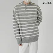【AMIEE】前開扣落肩條紋針織上衣(男裝/KDTQ-A25) M 灰色