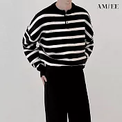 【AMIEE】前開扣落肩條紋針織上衣(男裝/KDTQ-A25) XL 黑色