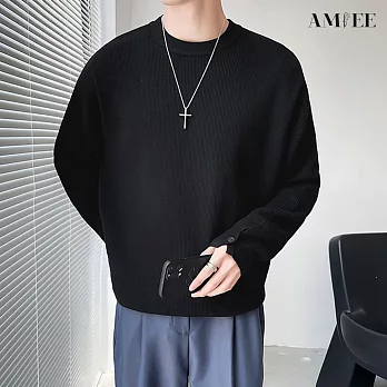 【AMIEE】純色圓領百搭質感針織衫(男裝/KDTQ-D289) L 黑色