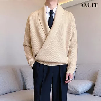 【AMIEE】韓國歐爸交叉純色針織外套(男裝/KDCQ-3371) M 卡其