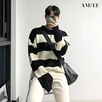 【AMIEE】軟糯感小奶狗風條紋針織衫(男裝/KDTQ-B57) L 白色