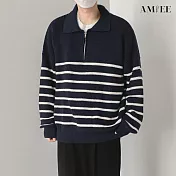【AMIEE】輕熟風翻臉條紋針織上衣(男裝/KDTQ-3458) 2XL 黑色