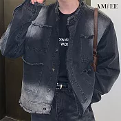 【AMIEE】做舊感復古毛邊牛仔外套(男裝/KDCQ-706) 2XL 灰色