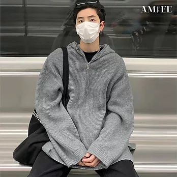【AMIEE】設計款仿羊毛舒適連帽針織衫(男裝/KDTQ-3115) L 灰色