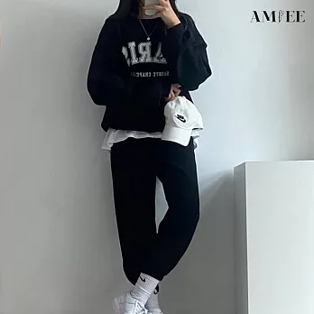 【AMIEE】韓系PARIS棉質休閒運動2件套裝(3色/M-3XL/KDAQ-807) 3XL 黑色