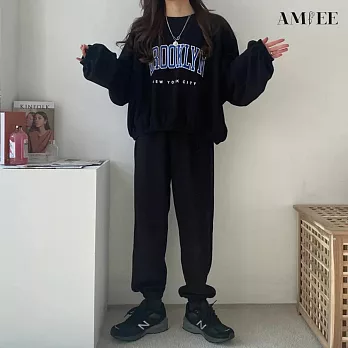 【AMIEE】韓系美式棉質休閒運動2件套裝(4色/M-3XL/KDAQ-809) L 黑色