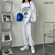 【AMIEE】韓系USA棉質休閒運動2件套裝(3色/M-3XL/KDAQ-8130) L 淺灰