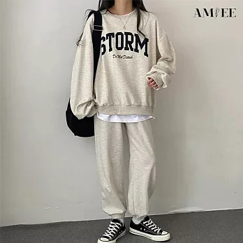 【AMIEE】韓系STORM棉質休閒運動2件套裝(3色/M-3XL/KDAQ-822) 3XL 淺灰