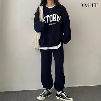 【AMIEE】韓系STORM棉質休閒運動2件套裝(3色/M-3XL/KDAQ-822) 3XL 深藍